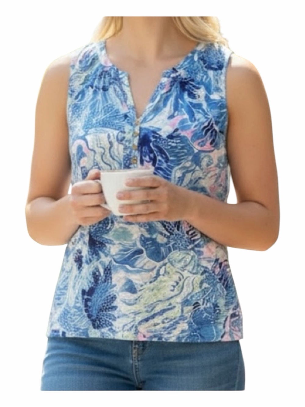 Lilly Pulitzer Blue and Pink Printed Sleeveless Tank Top Size Medium